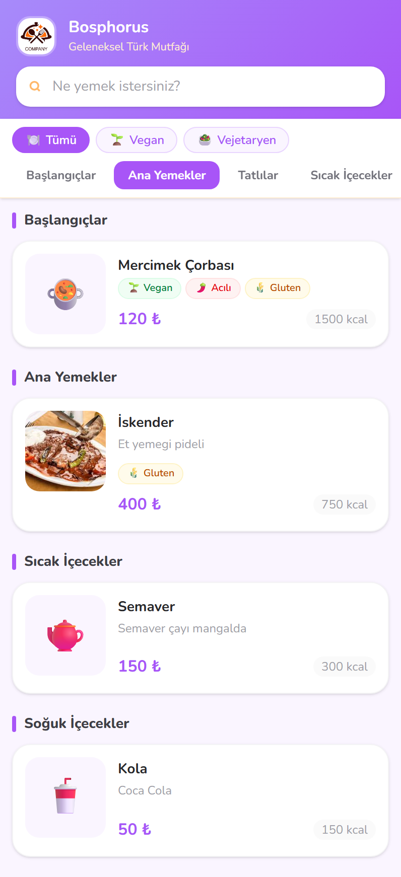 QR dijital menü — Bosphorus restoranı örnek menüsü; arama, vegan/vejetaryen filtreleri, kategoriler, alerjen etiketleri, fiyat ve kalori bilgisiyle telefon görünümü
