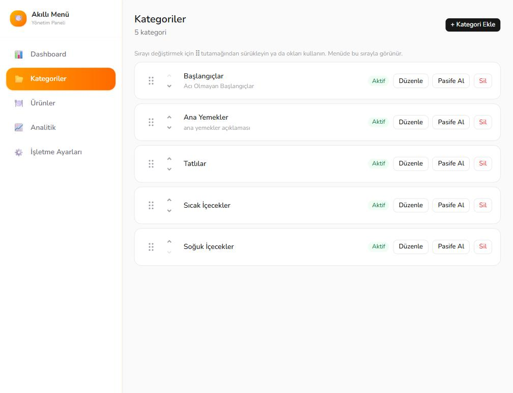 Akıllı Menü yönetim paneli — kategori listesi ekranı, sürükle-bırak sıralama, kategori ekle/düzenle/pasife al butonları